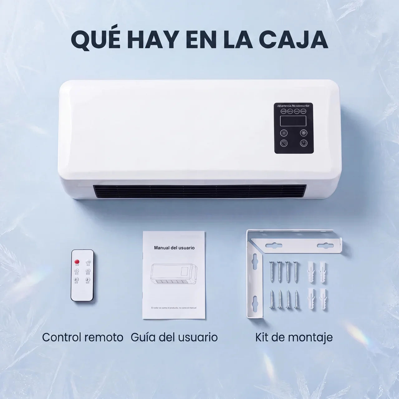 Contenido de la caja: unidad Frostly, control remoto, guía del usuario y kit de montaje