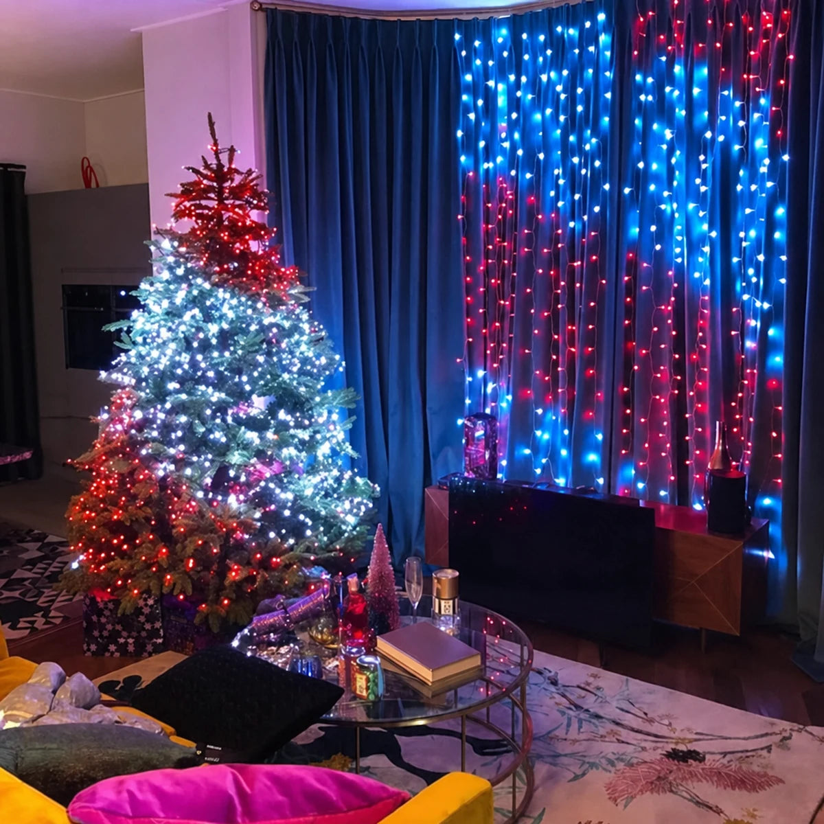 Sala decorada con luces LED de colores