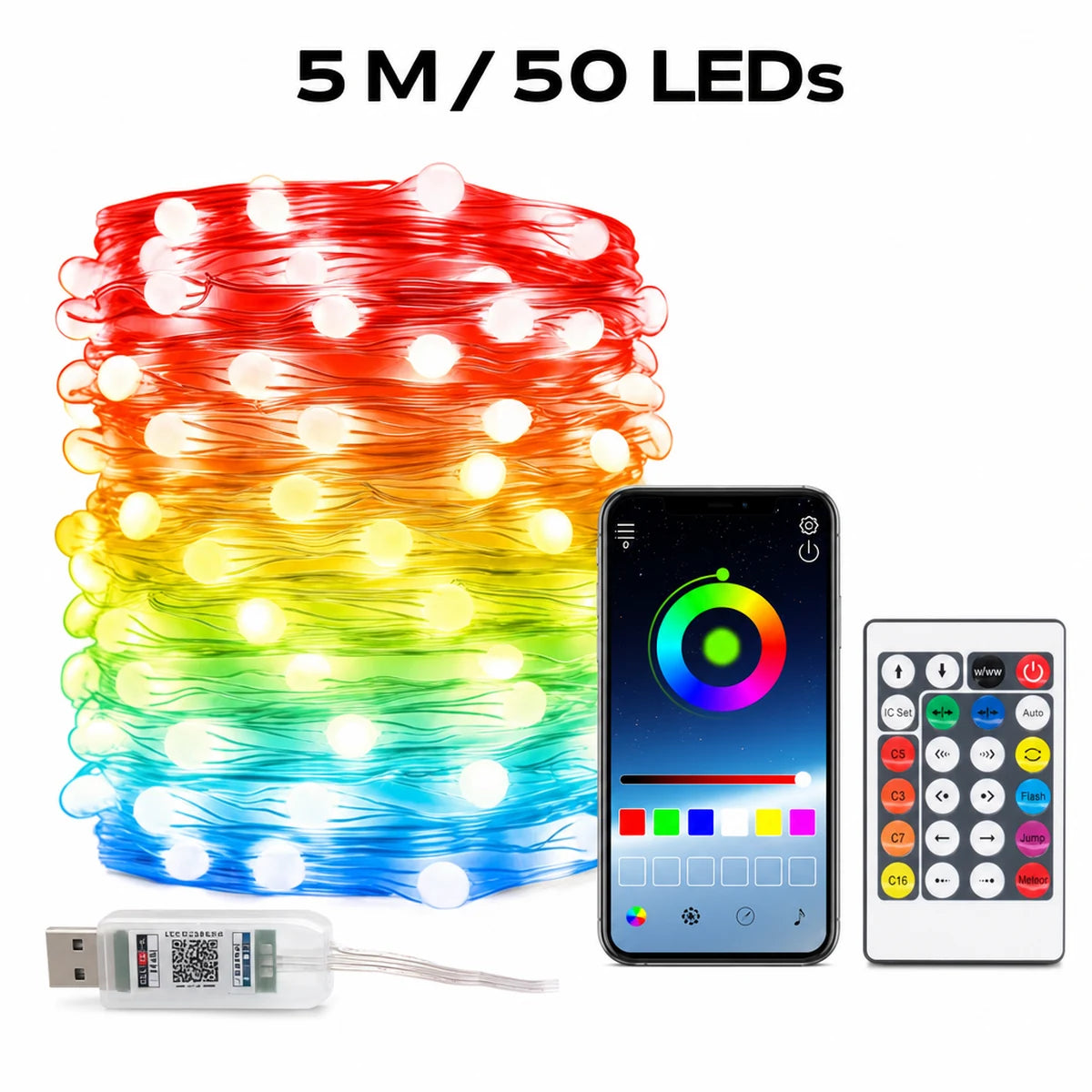 Serie de luces LED de 5 metros con 50 LEDs, app y control remoto