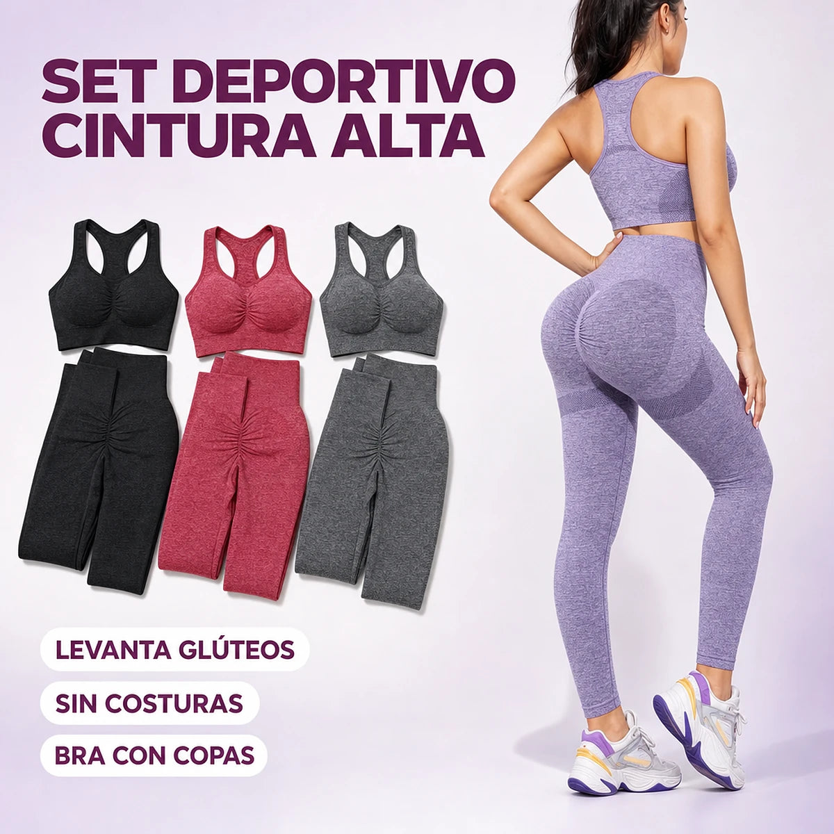 Set deportivo mujer cintura alta: legging que levanta glúteos + bra cruzado con copas