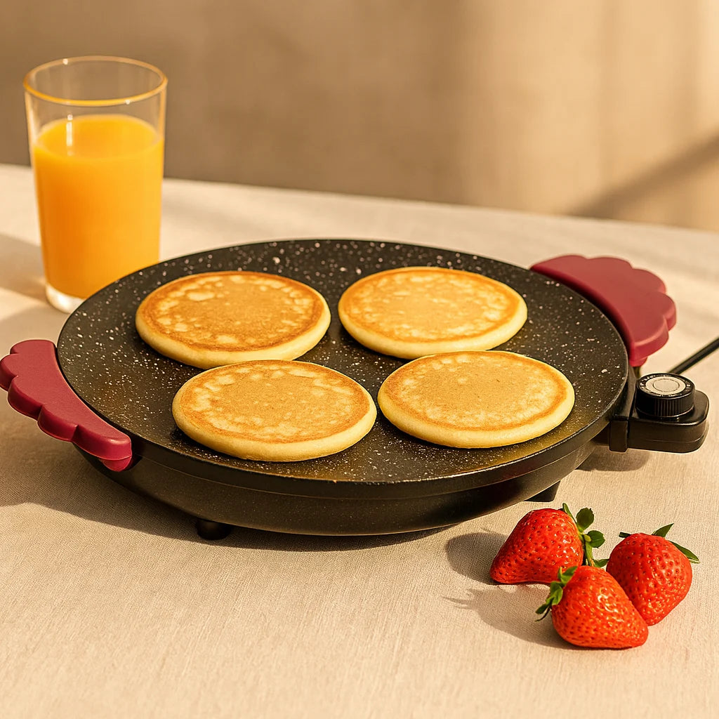 Hotcakes dorados en la parrilla CocinaMax en un desayuno familiar